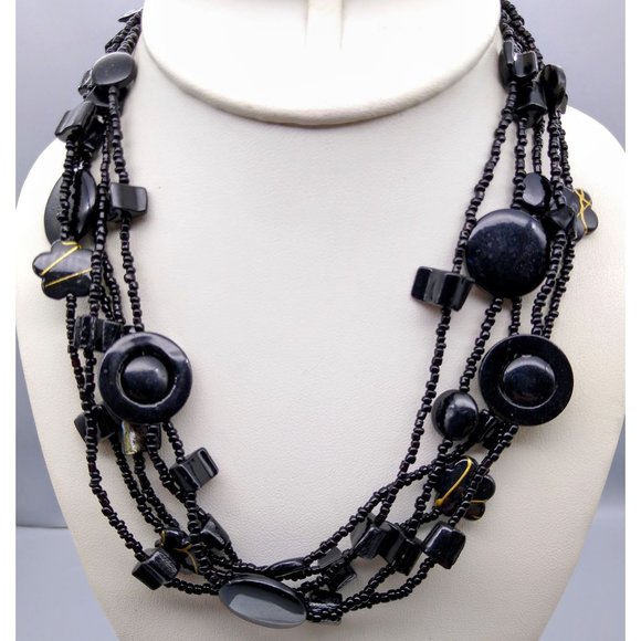 Retro Messy Beaded Necklace, Black Glass Multi Strand with Glossy Shapes and Gol - Picture 2 of 4
